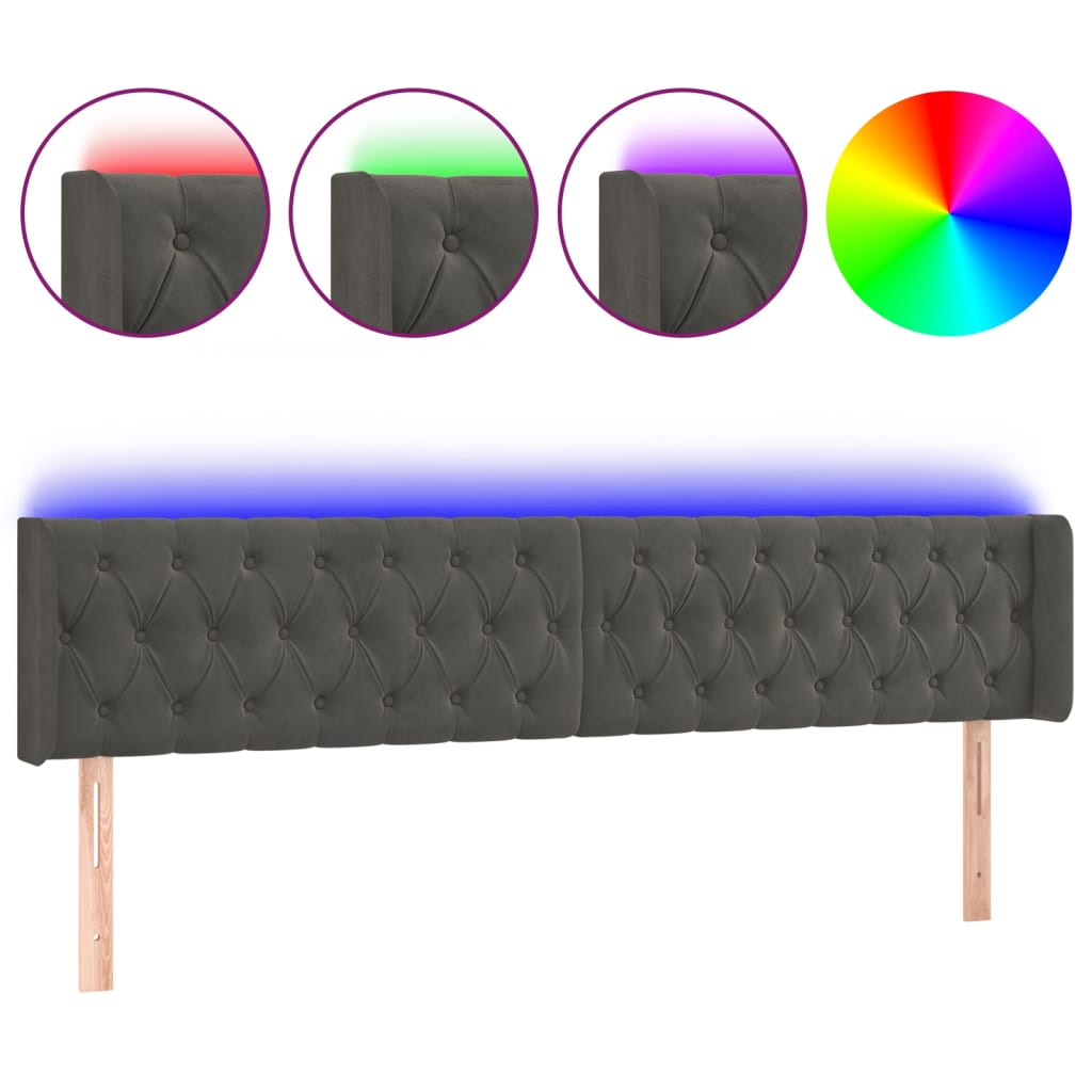 sengegavl med LED-lys 183x16x78/88 cm fløjl mørkegrå