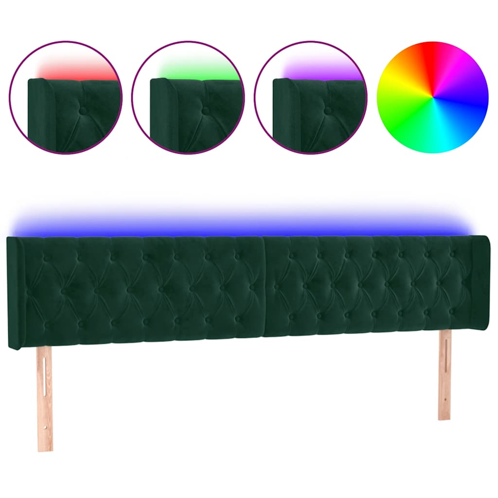 sengegavl med LED-lys 183x16x78/88 cm fløjl mørkegrøn