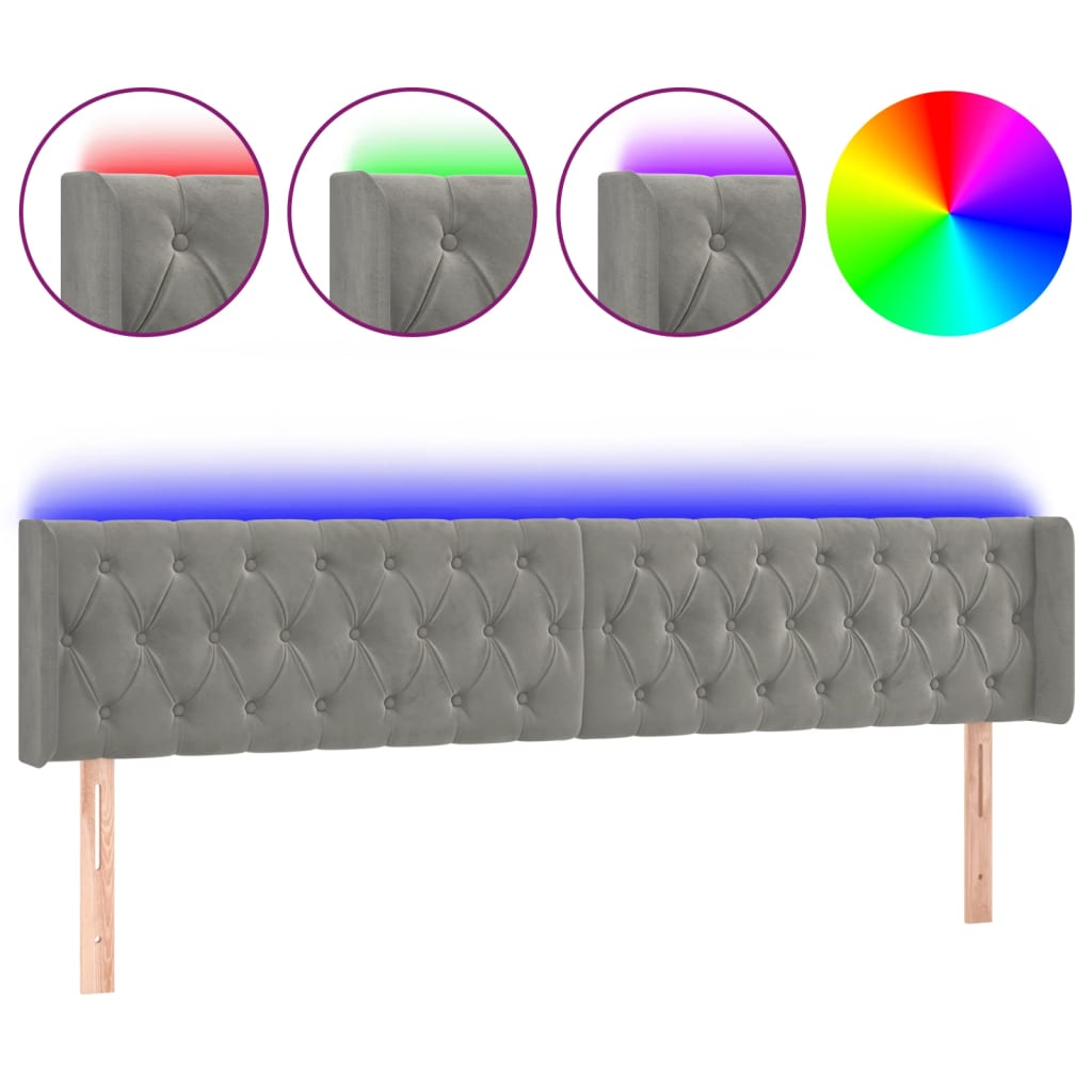 sengegavl med LED-lys 203x16x78/88 cm fløjl lysegrå