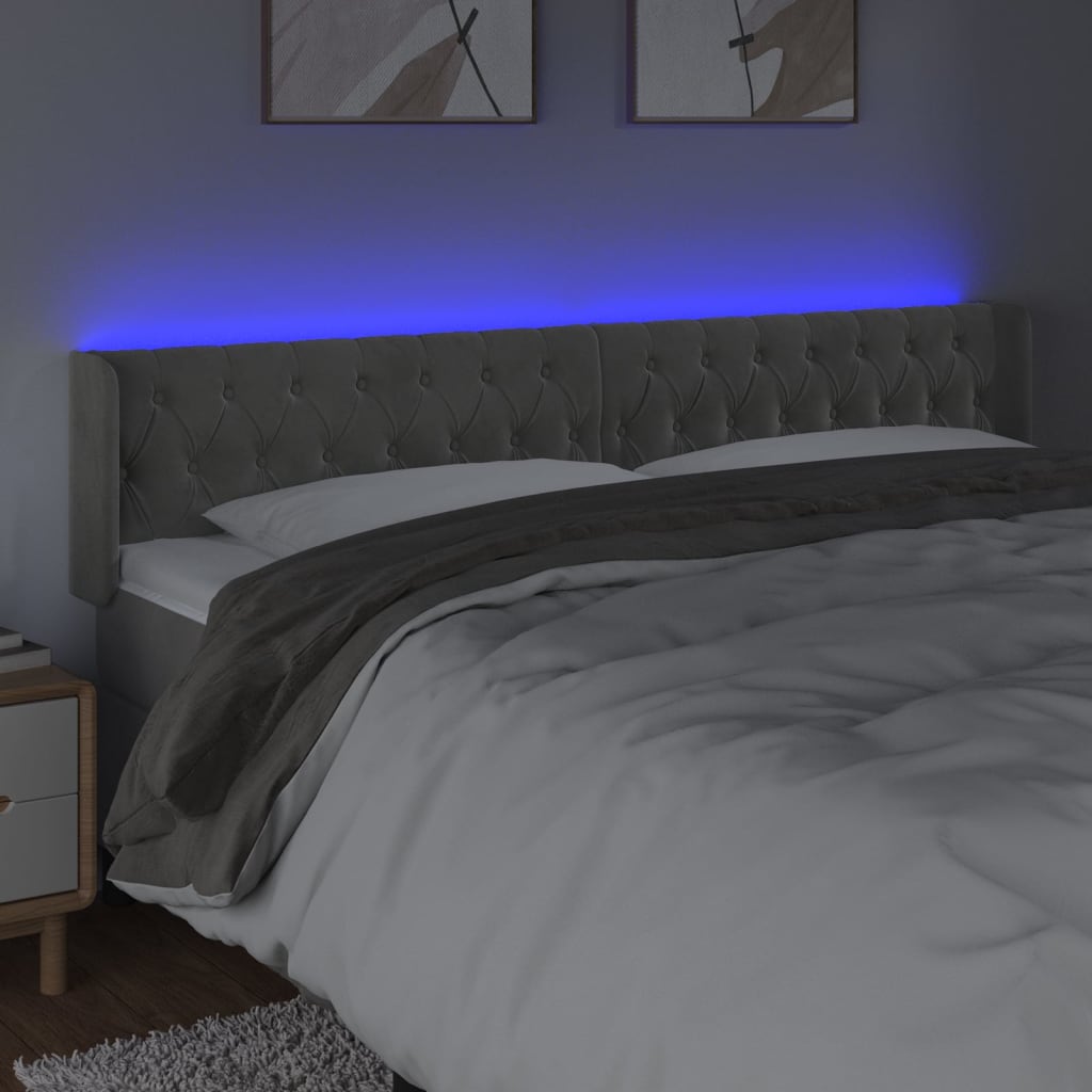 sengegavl med LED-lys 203x16x78/88 cm fløjl lysegrå
