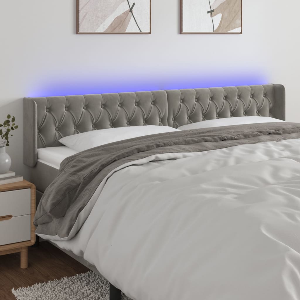 sengegavl med LED-lys 203x16x78/88 cm fløjl lysegrå