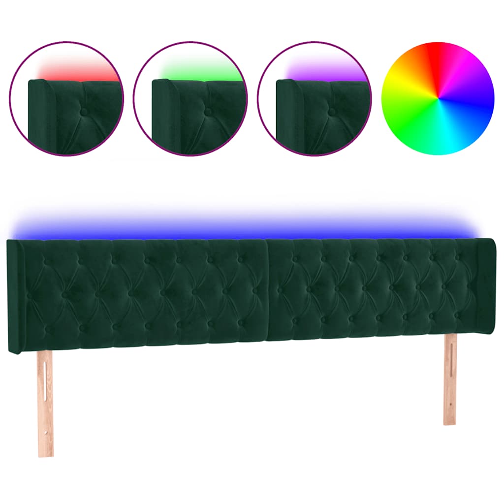 sengegavl med LED-lys 203x16x78/88 cm fløjl mørkegrøn