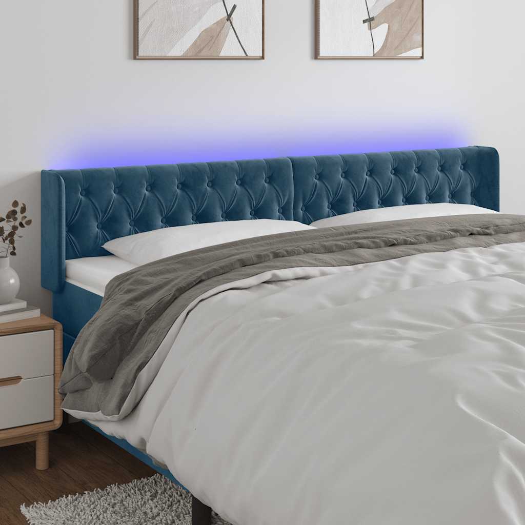 sengegavl med LED-lys 203x16x78/88 cm fløjl mørkeblå