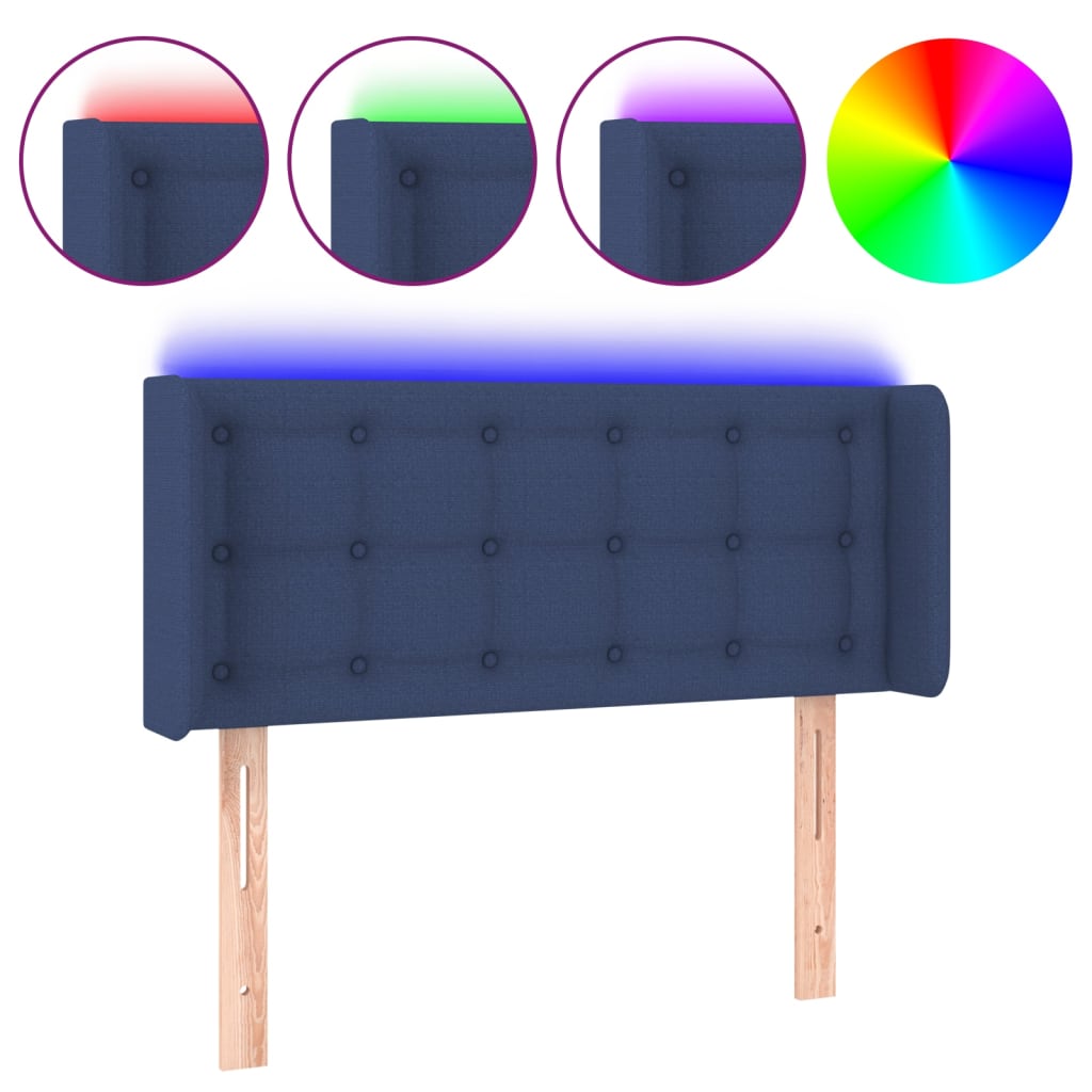 sengegavl med LED-lys 83x16x78/88 cm stof blå