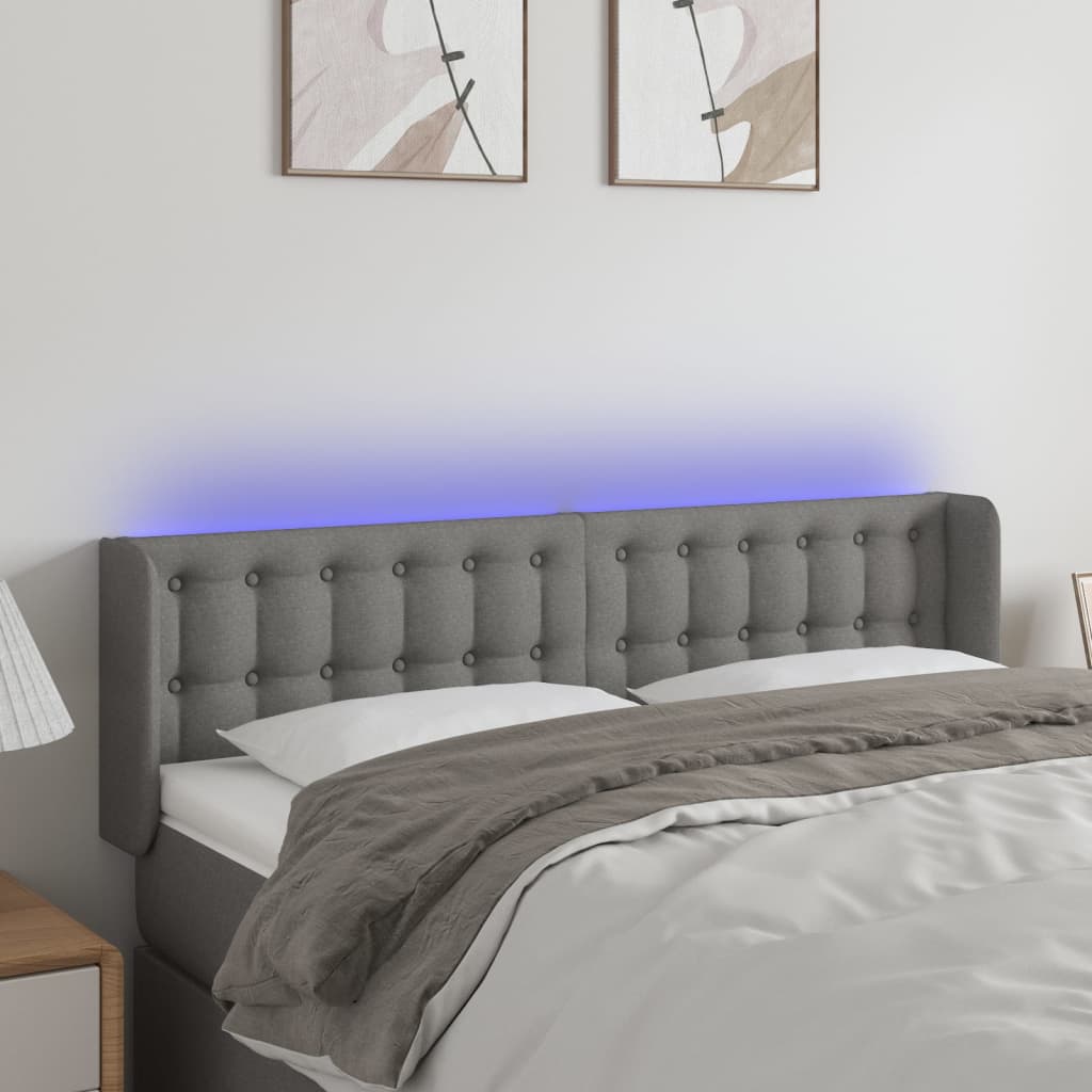 sengegavl med LED-lys 147x16x78/88 cm stof mørkegrå