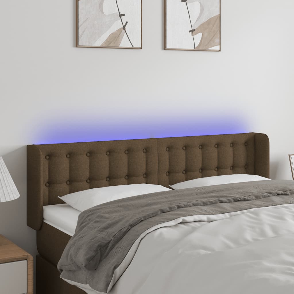 sengegavl med LED-lys 147x16x78/88 cm stof mørkebrun