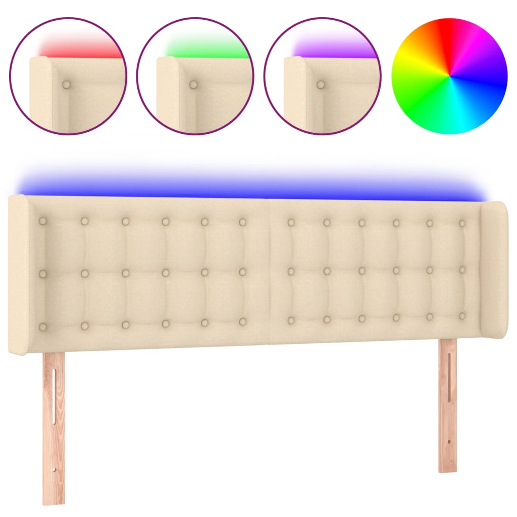 sengegavl med LED-lys 147x16x78/88 cm stof cremefarvet