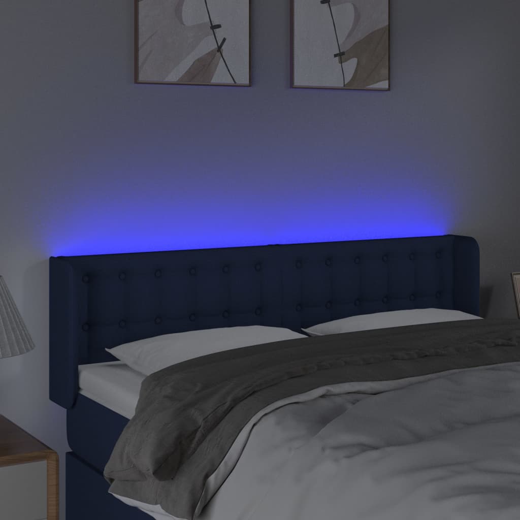 sengegavl med LED-lys 147x16x78/88 cm stof blå