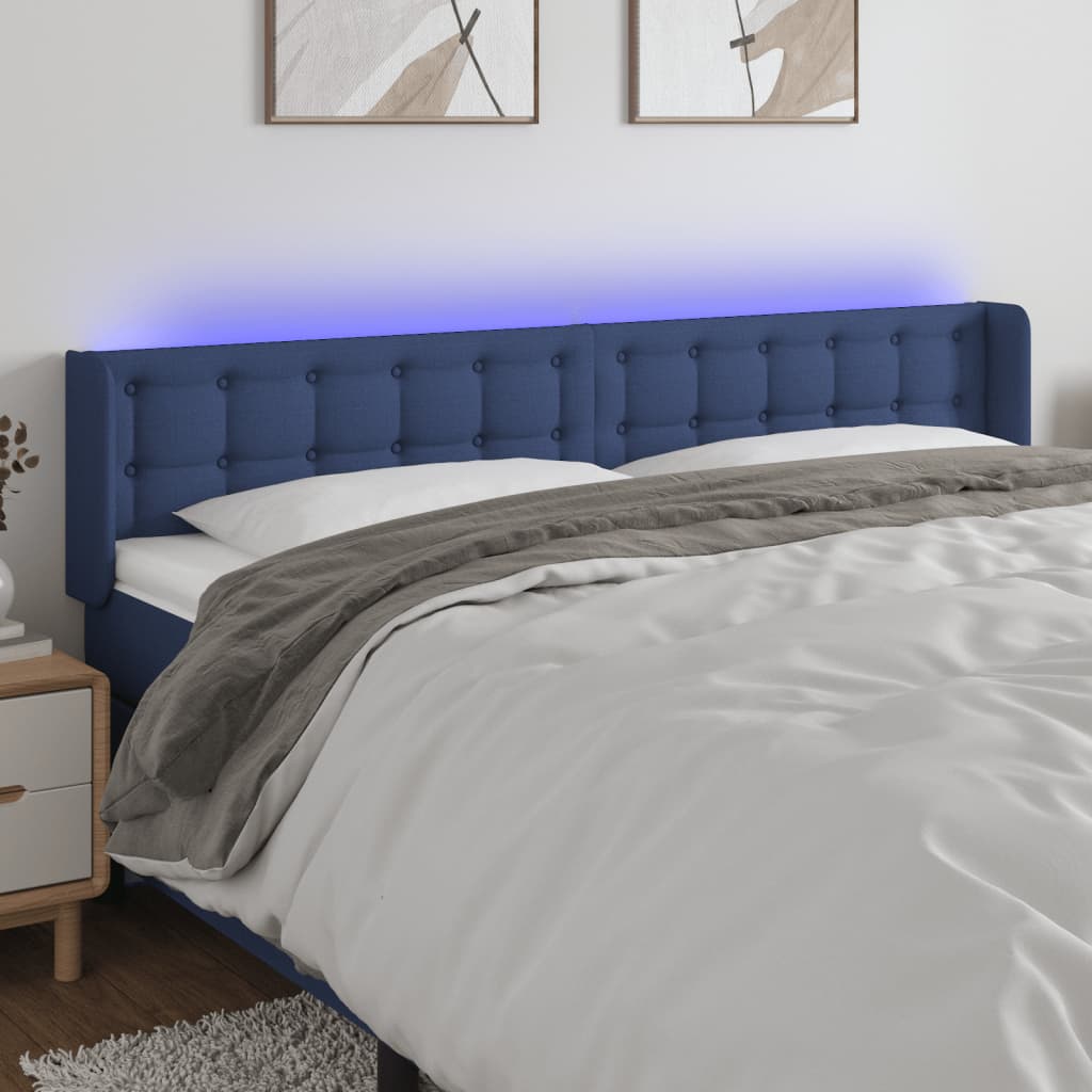 sengegavl med LED-lys 183x16x78/88 cm stof blå