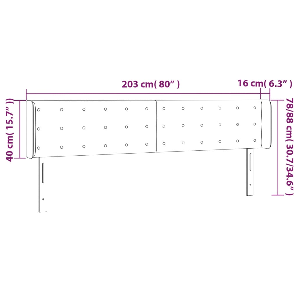 sengegavl med LED-lys 203x16x78/88 cm stof lysegrå