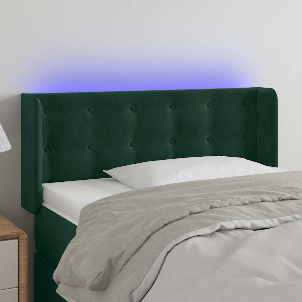 sengegavl med LED-lys 83x16x78/88 cm fløjl Mørkegrøn