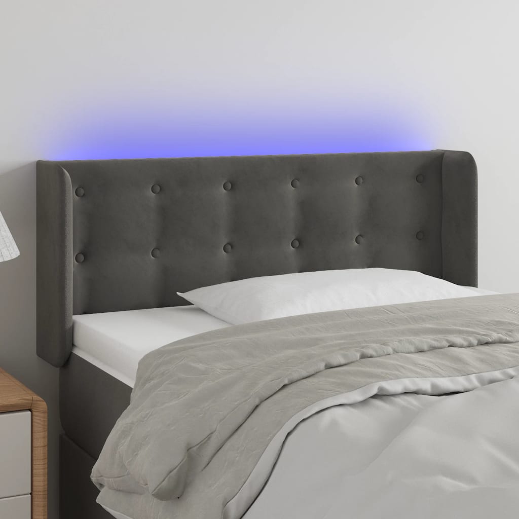 sengegavl med LED-lys 93x16x78/88 cm fløjl mørkegrå