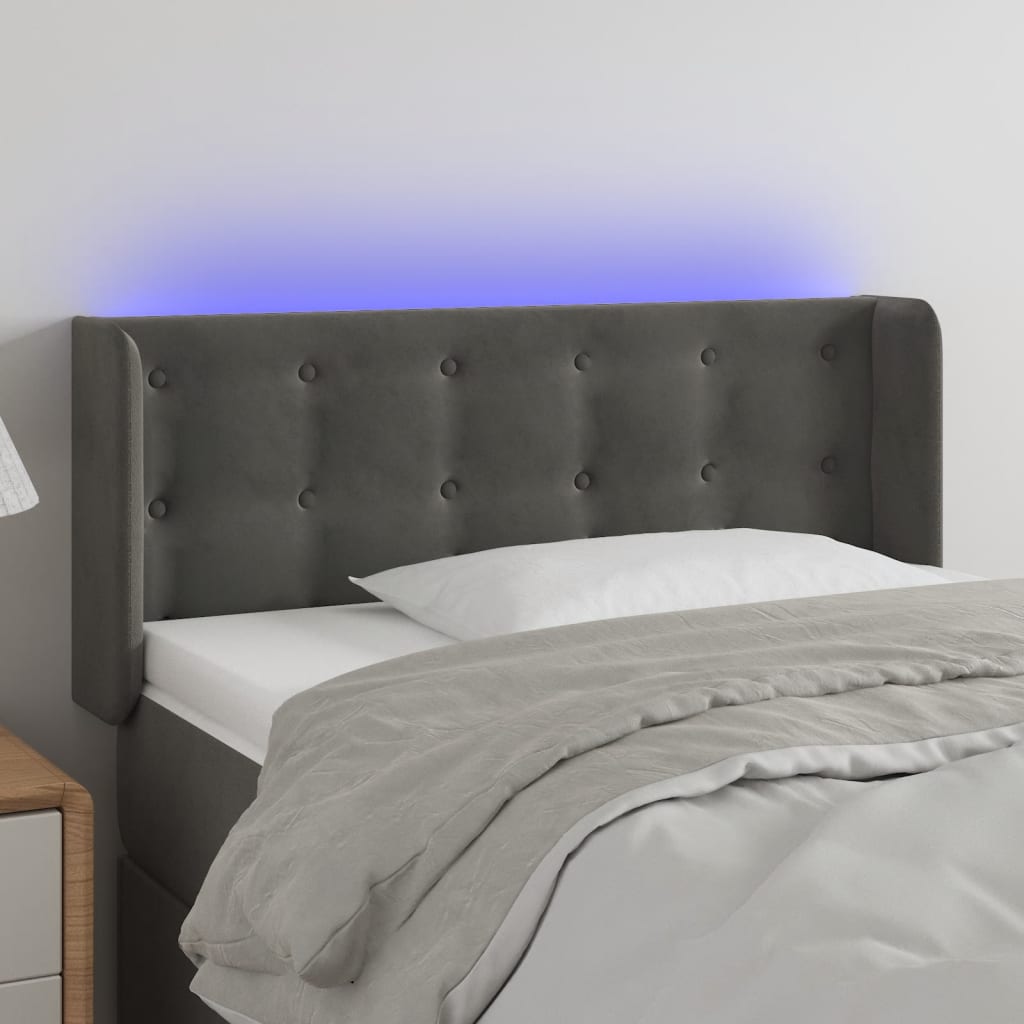sengegavl med LED-lys 103x16x78/88 cm fløjl mørkegrå