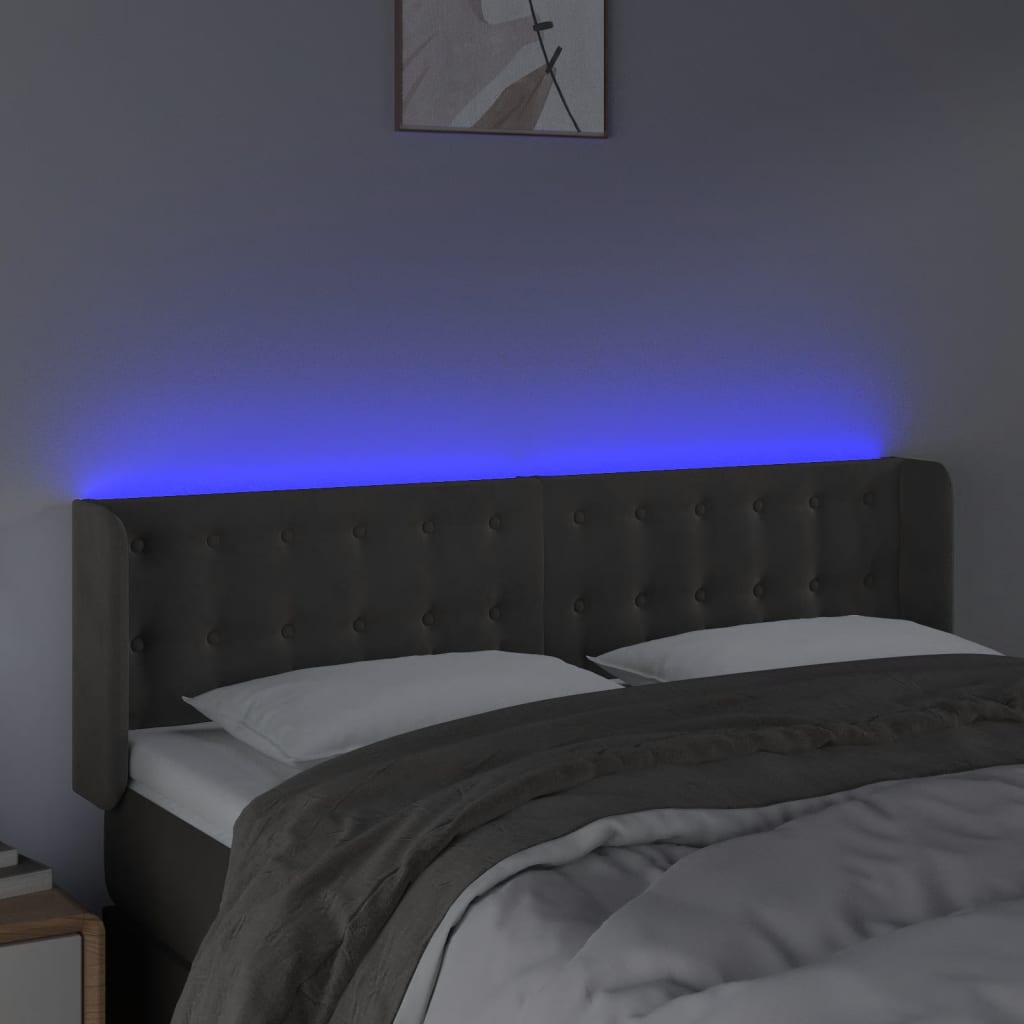 sengegavl med LED-lys 147x16x78/88 cm fløjl mørkegrå