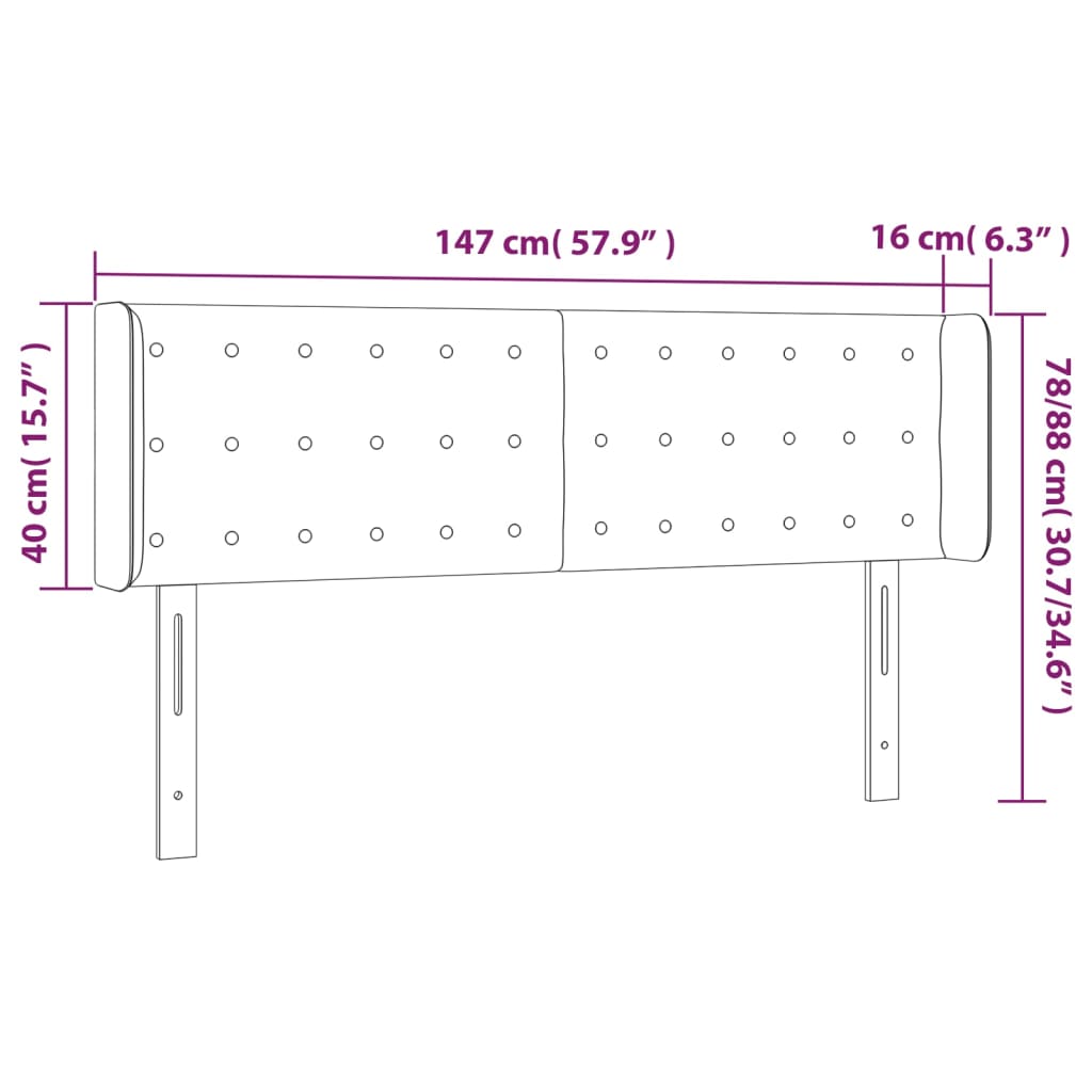 sengegavl med LED-lys 147x16x78/88 cm fløjl mørkegrå