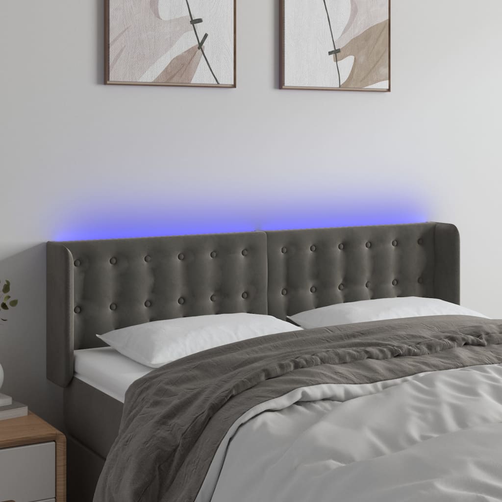 sengegavl med LED-lys 147x16x78/88 cm fløjl mørkegrå