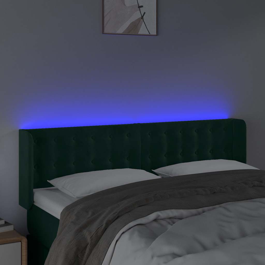 sengegavl med LED-lys 147x16x78/88 cm fløjl mørkegrøn