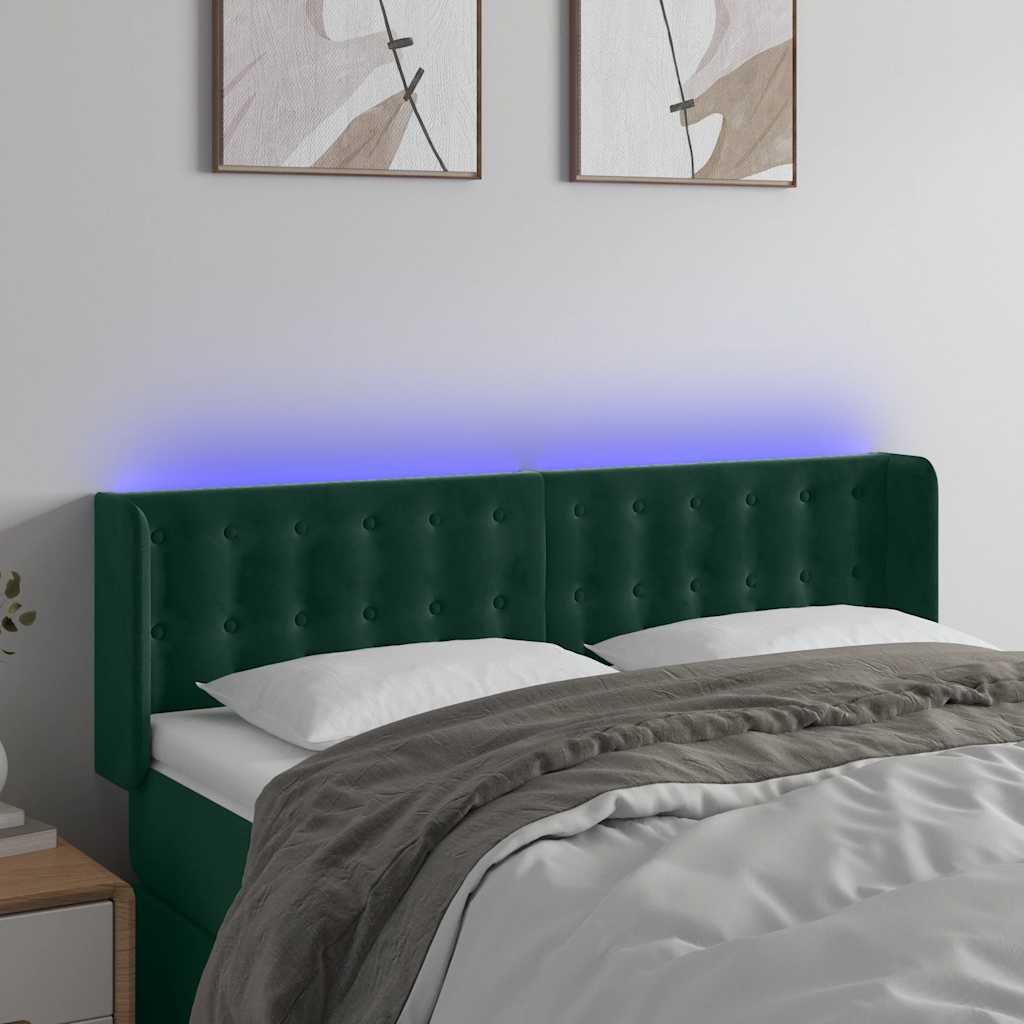 sengegavl med LED-lys 147x16x78/88 cm fløjl mørkegrøn