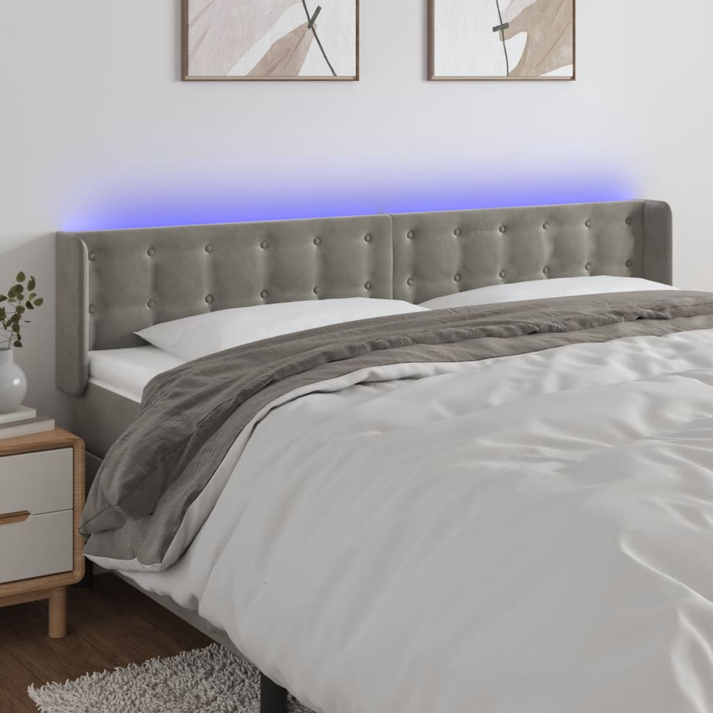 sengegavl med LED-lys 163x16x78/88 cm fløjl lysegrå