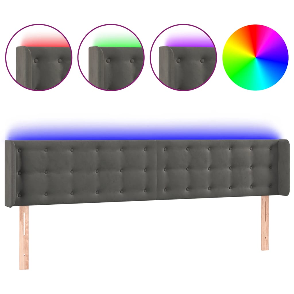 sengegavl med LED-lys 163x16x78/88 cm fløjl mørkegrå