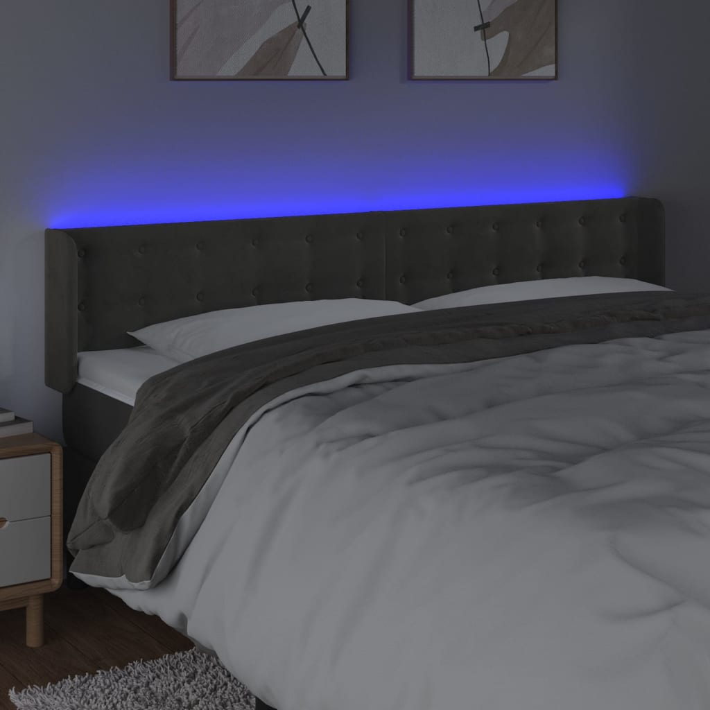 sengegavl med LED-lys 163x16x78/88 cm fløjl mørkegrå