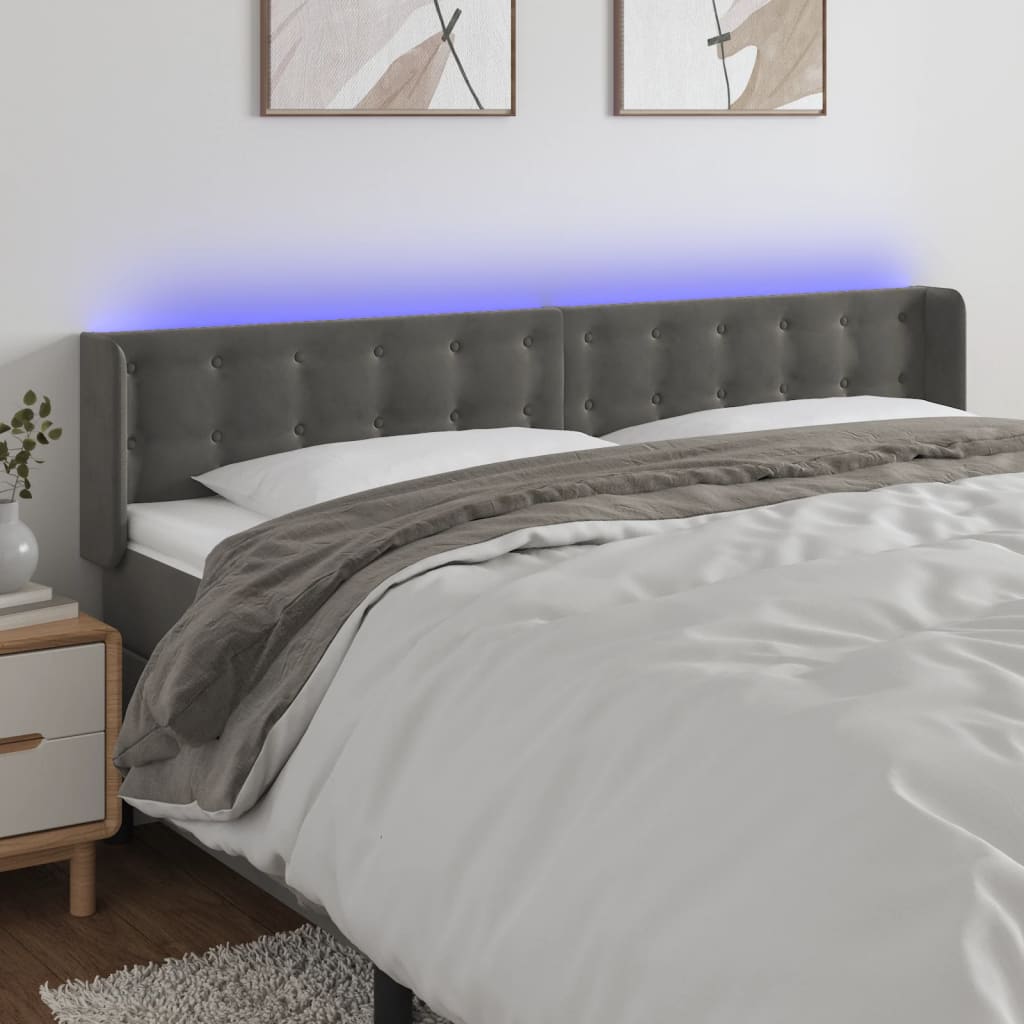 sengegavl med LED-lys 163x16x78/88 cm fløjl mørkegrå