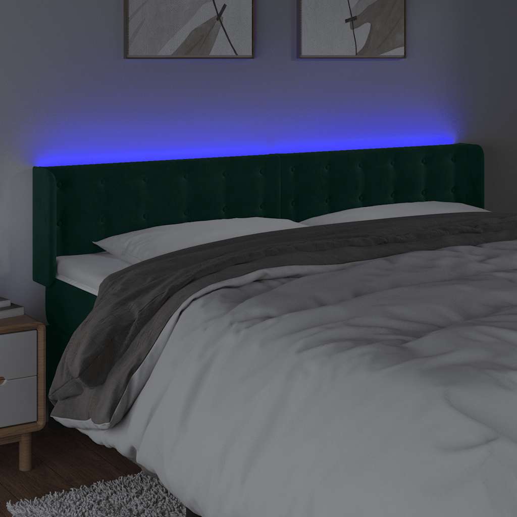 sengegavl med LED-lys 163x16x78/88 cm fløjl mørkegrøn
