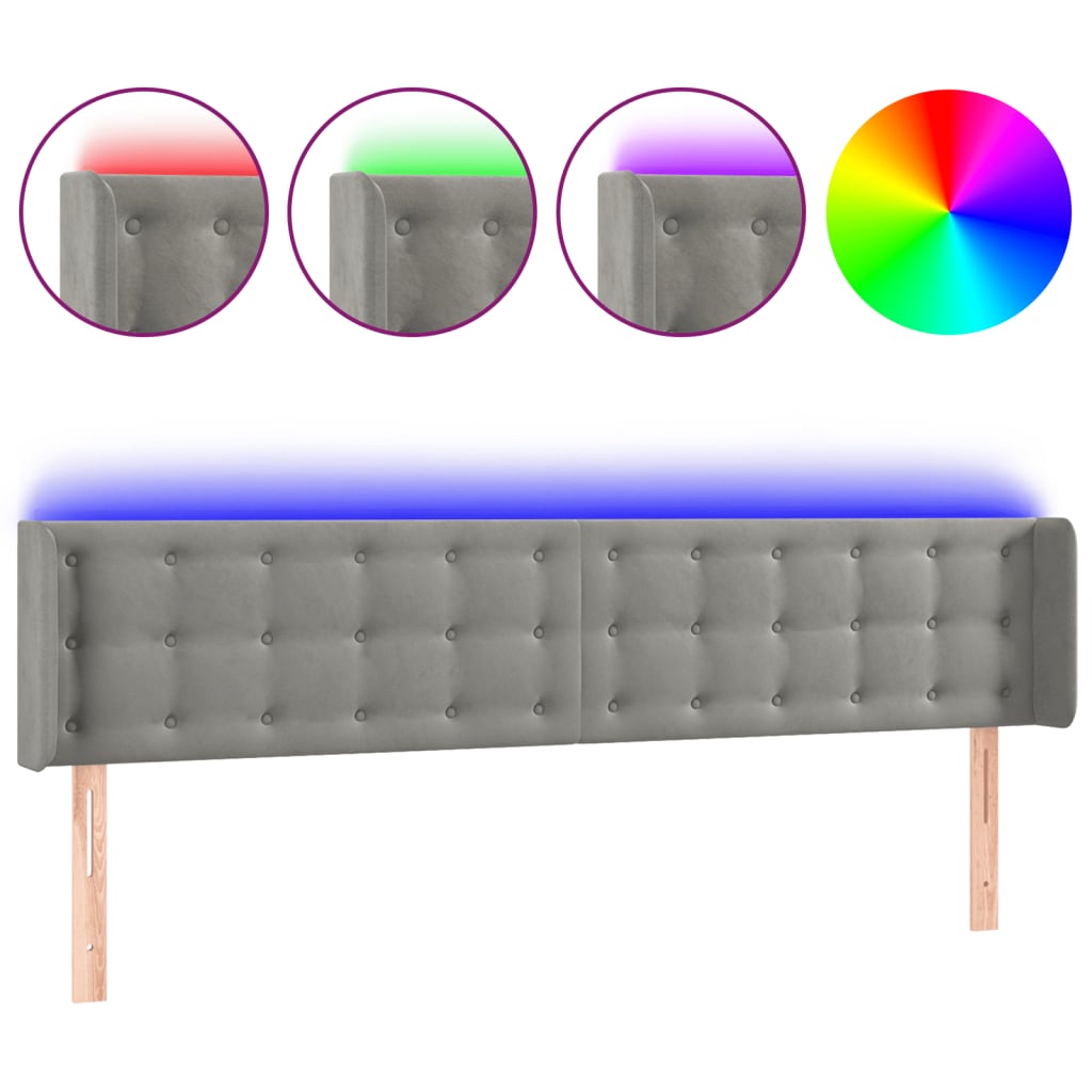 sengegavl med LED-lys 183x16x78/88 cm fløjl lysegrå