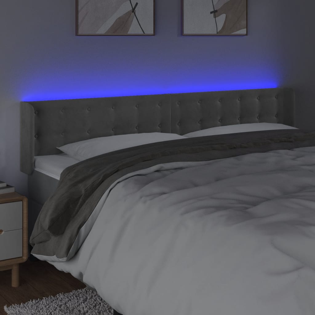 sengegavl med LED-lys 203x16x78/88 cm fløjl lysegrå