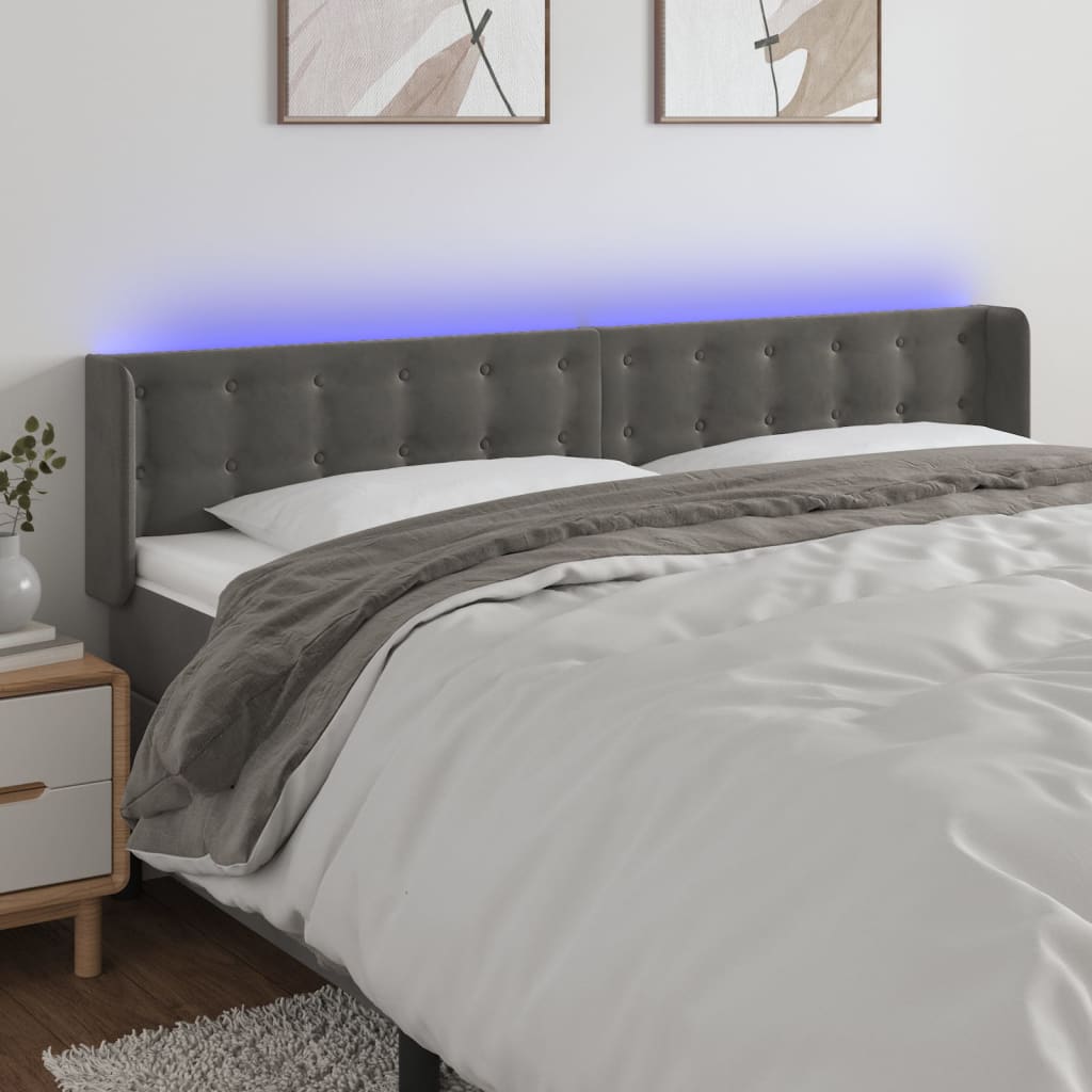 sengegavl med LED-lys 203x16x78/88 cm fløjl mørkegrå