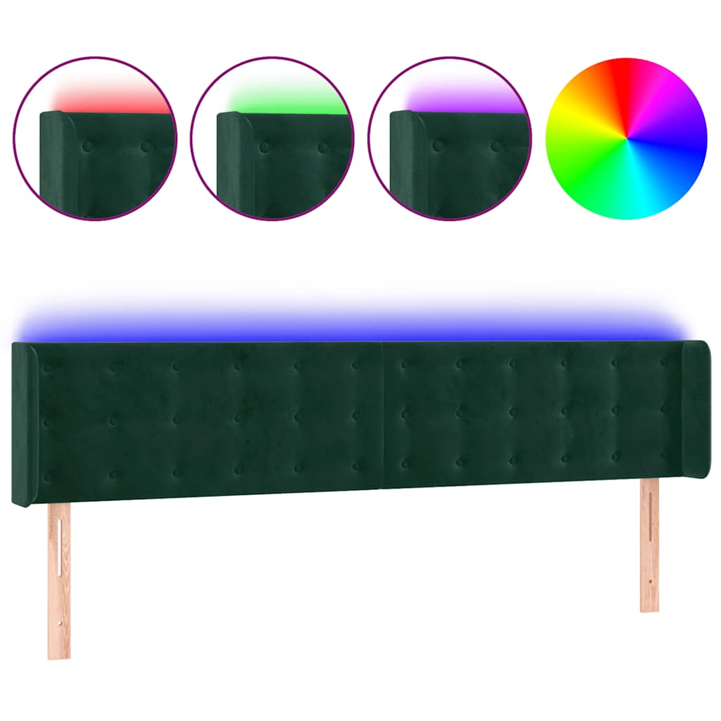 sengegavl med LED-lys 203x16x78/88 cm fløjl mørkegrøn
