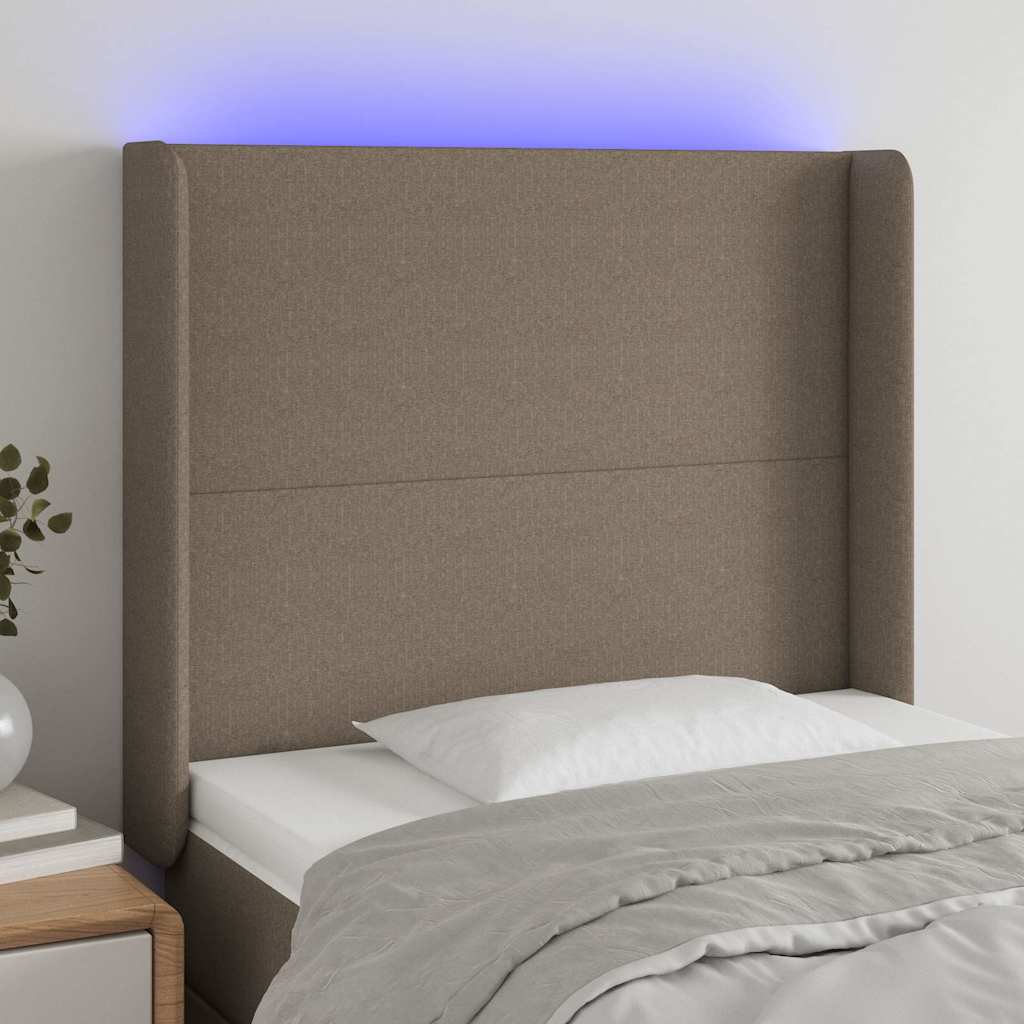 sengegavl med LED-lys 83x16x118/128 cm stof gråbrun