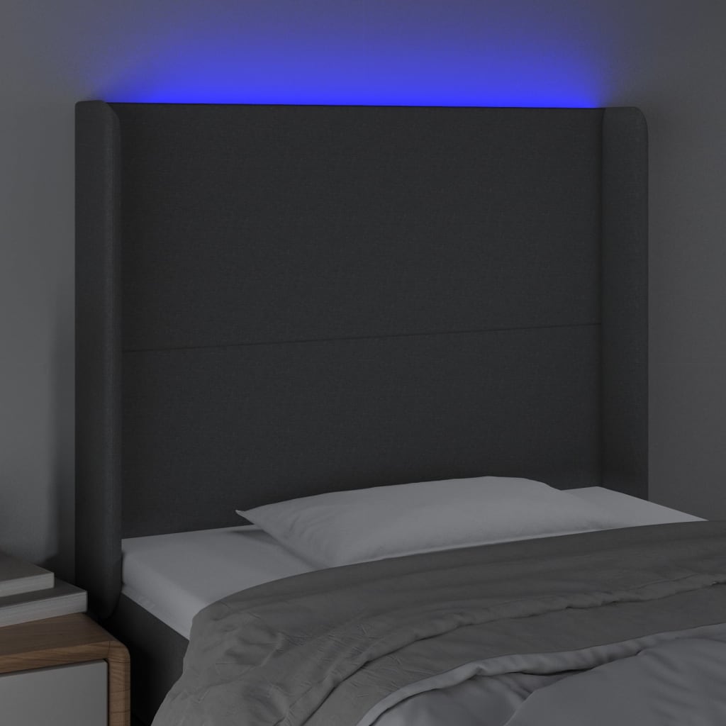 sengegavl med LED-lys 93x16x118/128 cm stof mørkegrå