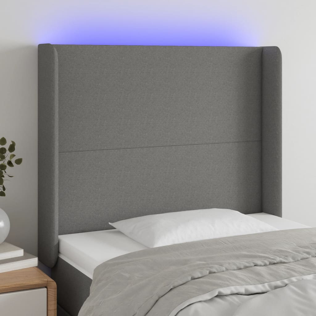 sengegavl med LED-lys 93x16x118/128 cm stof mørkegrå