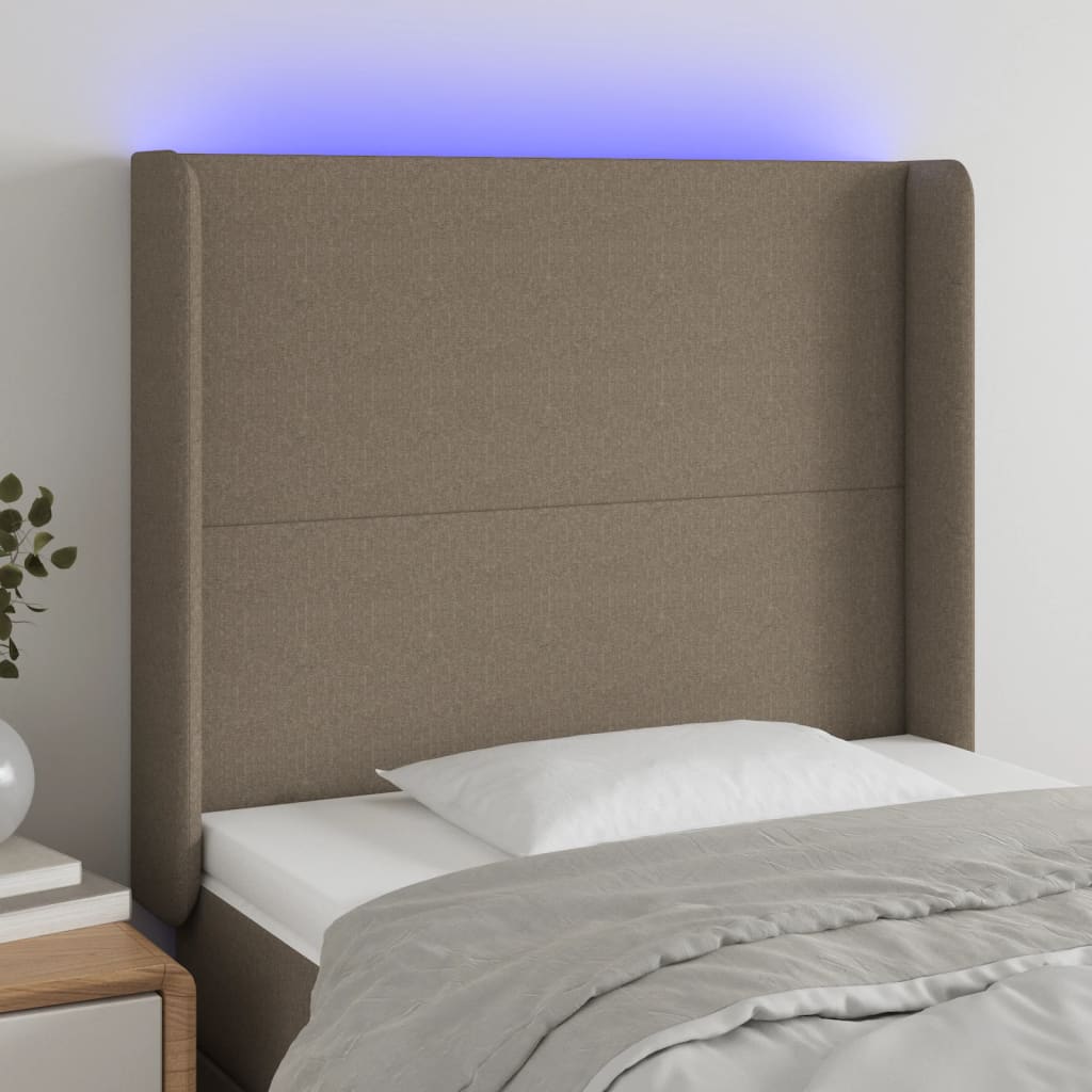 sengegavl med LED-lys 93x16x118/128 cm stof gråbrun