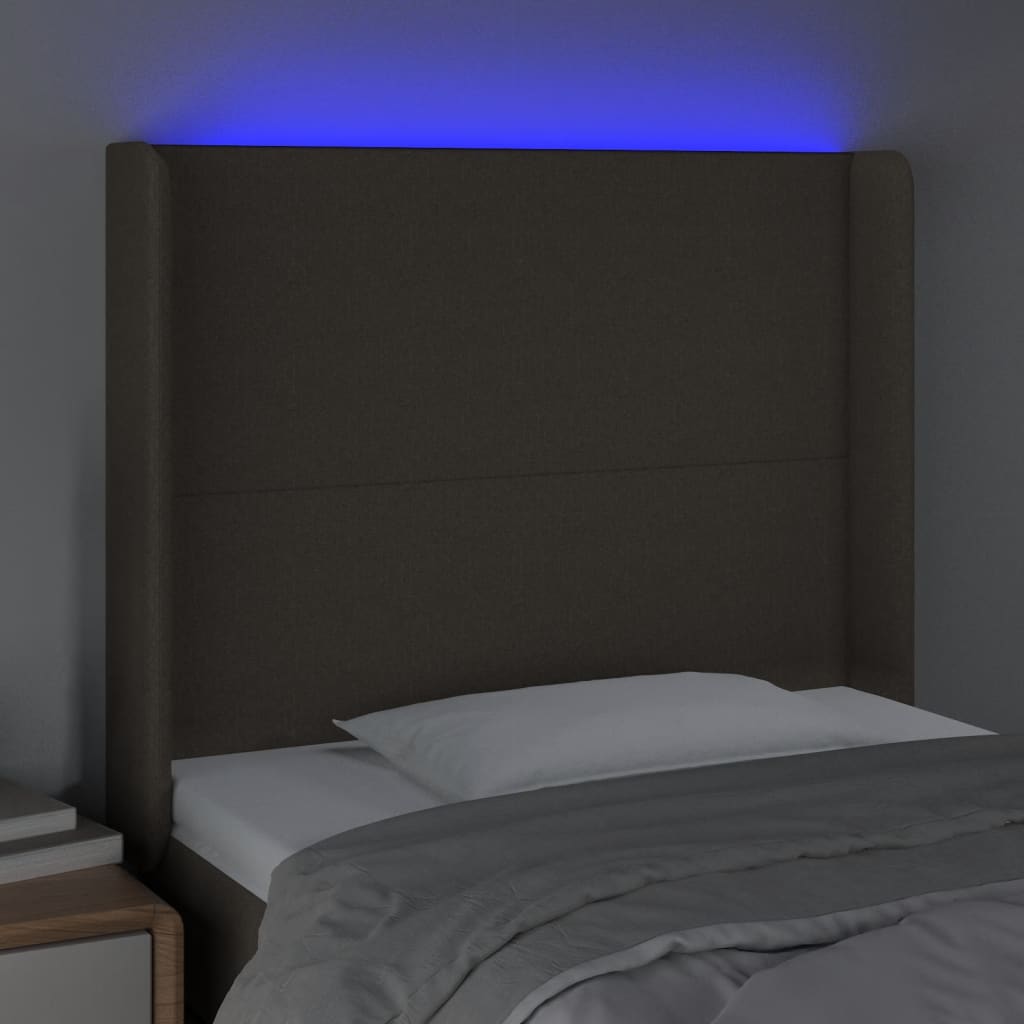 sengegavl med LED-lys 103x16x118/128 cm stof gråbrun