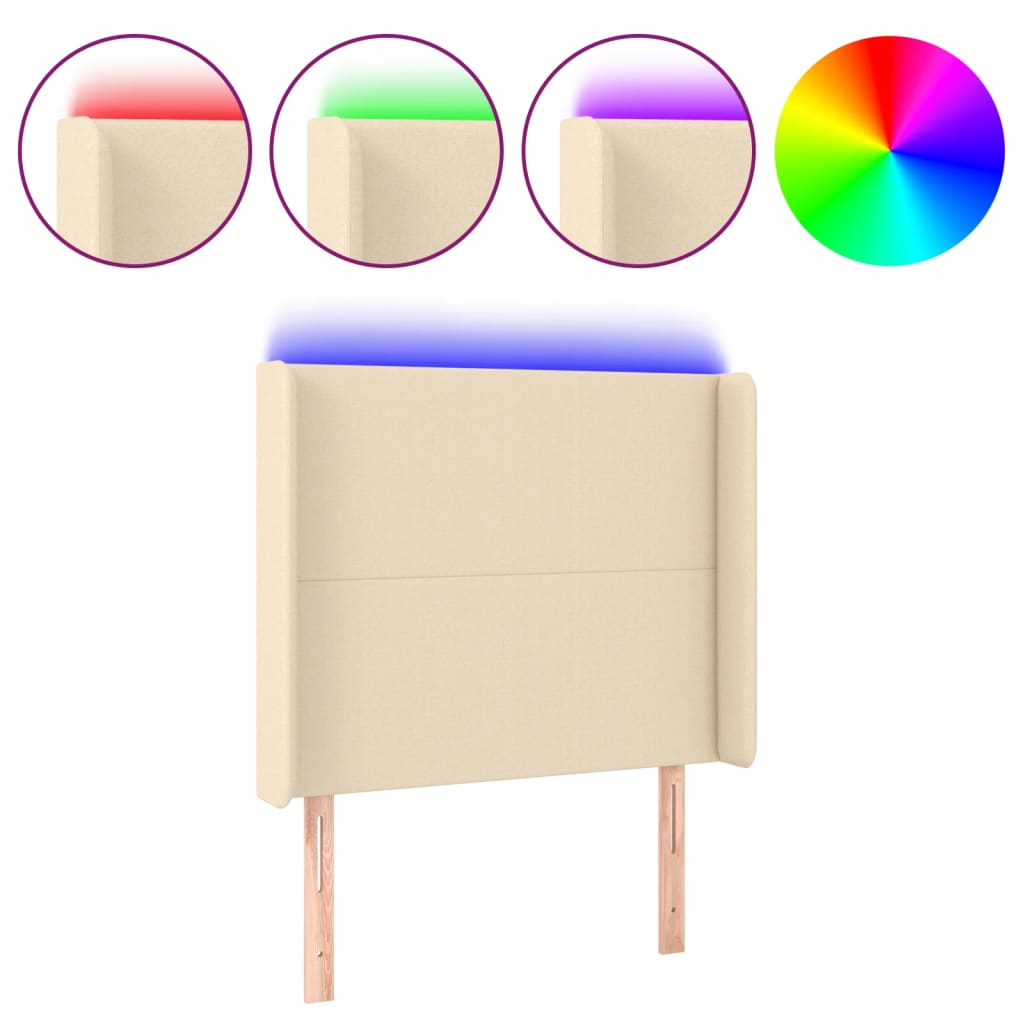 sengegavl med LED-lys 103x16x118/128 cm stof cremefarvet