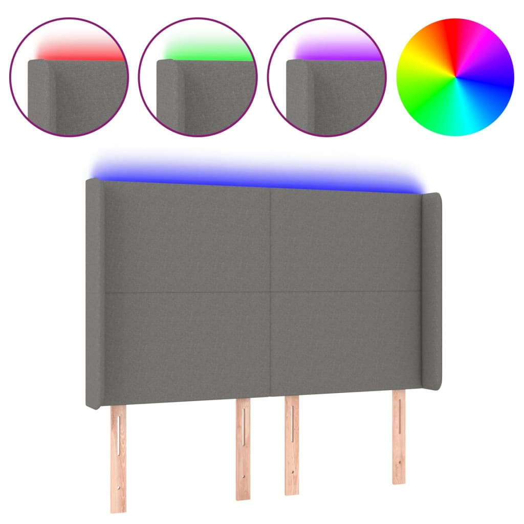 sengegavl med LED-lys 147x16x118/128 cm stof mørkegrå