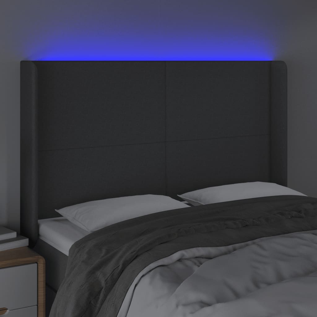 sengegavl med LED-lys 147x16x118/128 cm stof mørkegrå