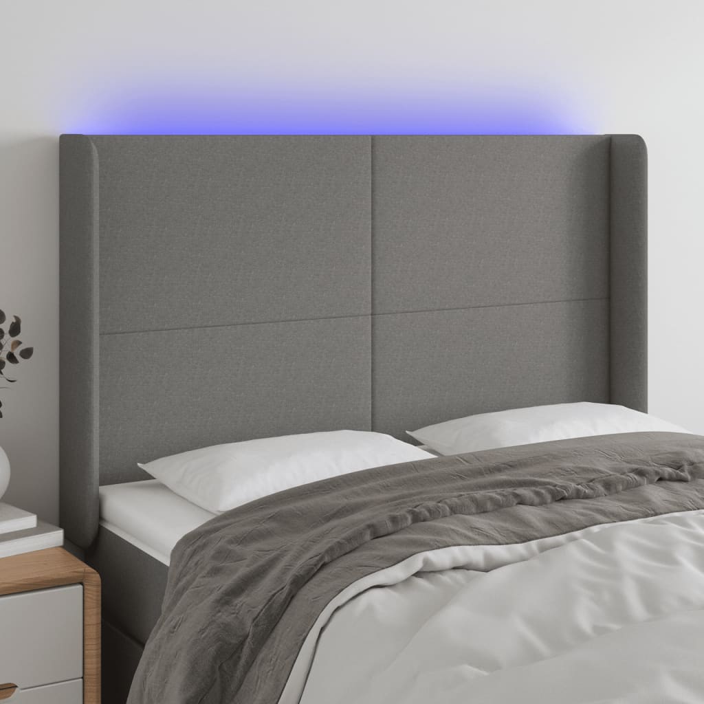 sengegavl med LED-lys 147x16x118/128 cm stof mørkegrå