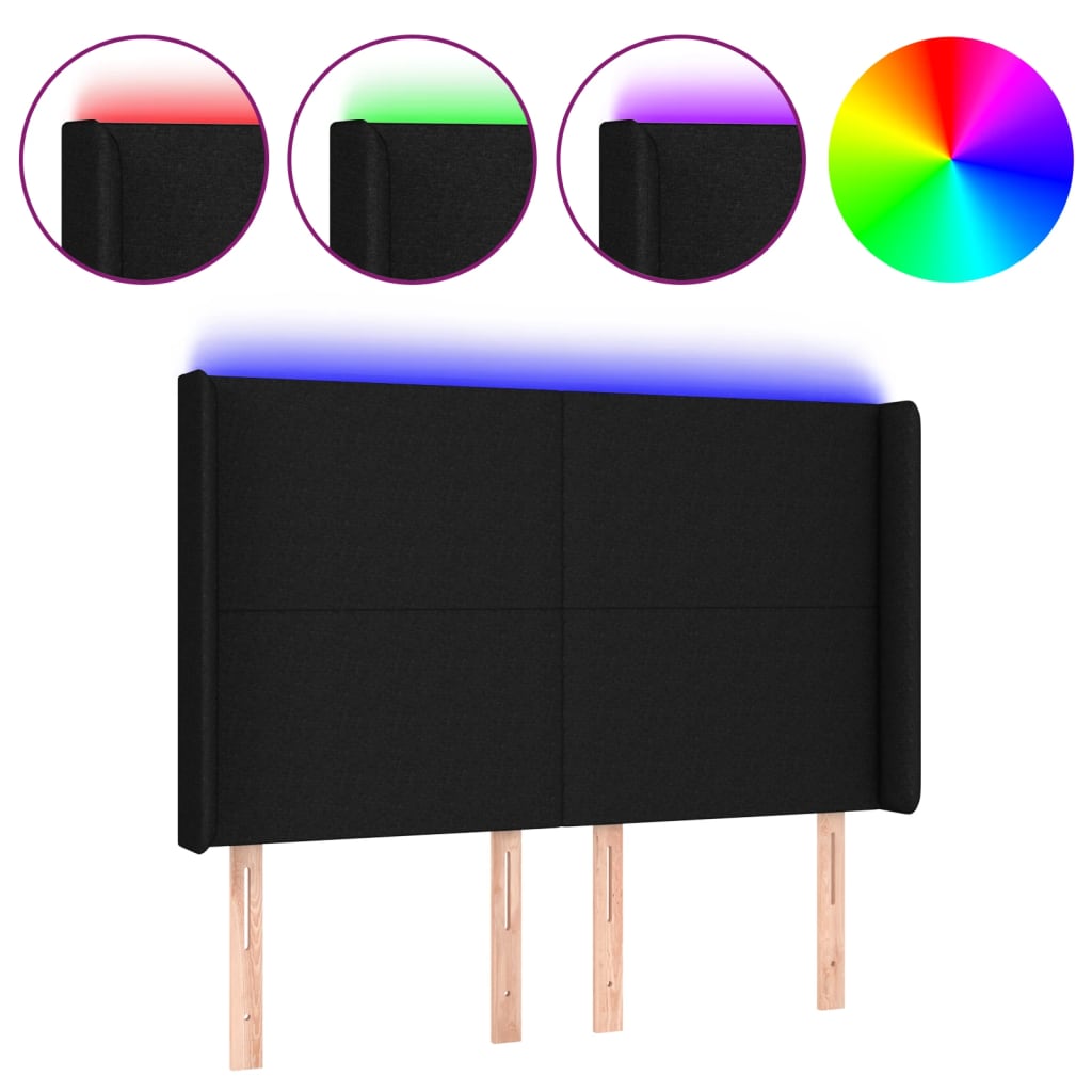 sengegavl med LED-lys 147x16x118/128 cm stof sort