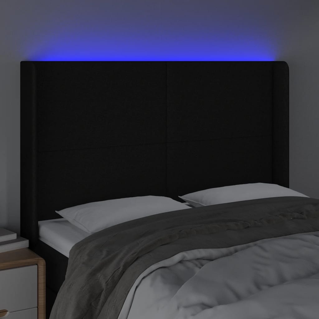 sengegavl med LED-lys 147x16x118/128 cm stof sort
