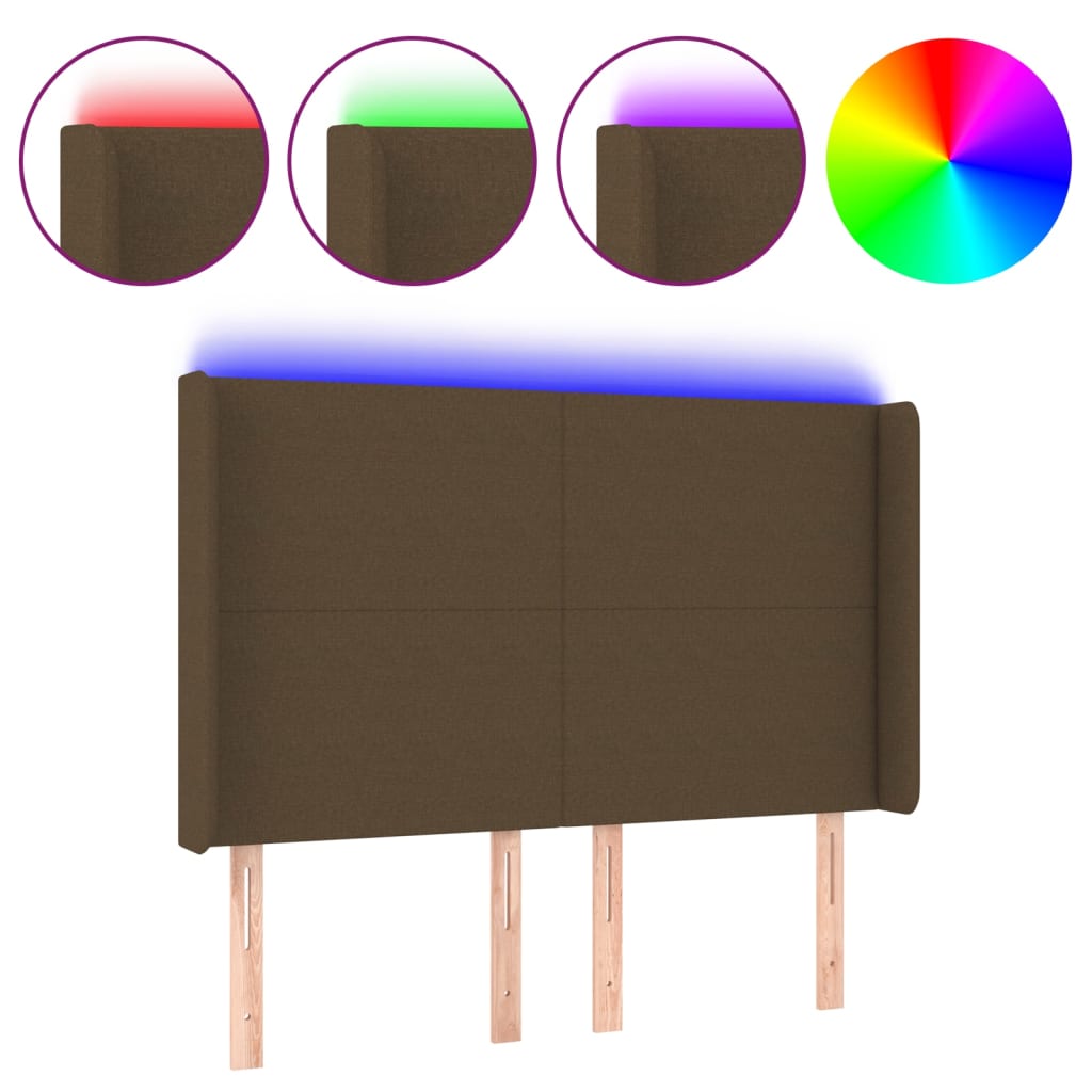 sengegavl med LED-lys 147x16x118/128 cm stof mørkebrun