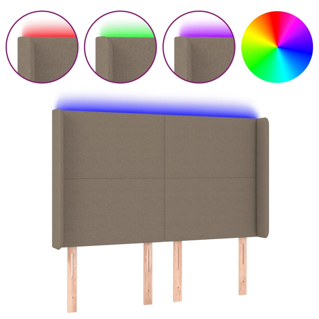 sengegavl med LED-lys 147x16x118/128 cm stof gråbrun