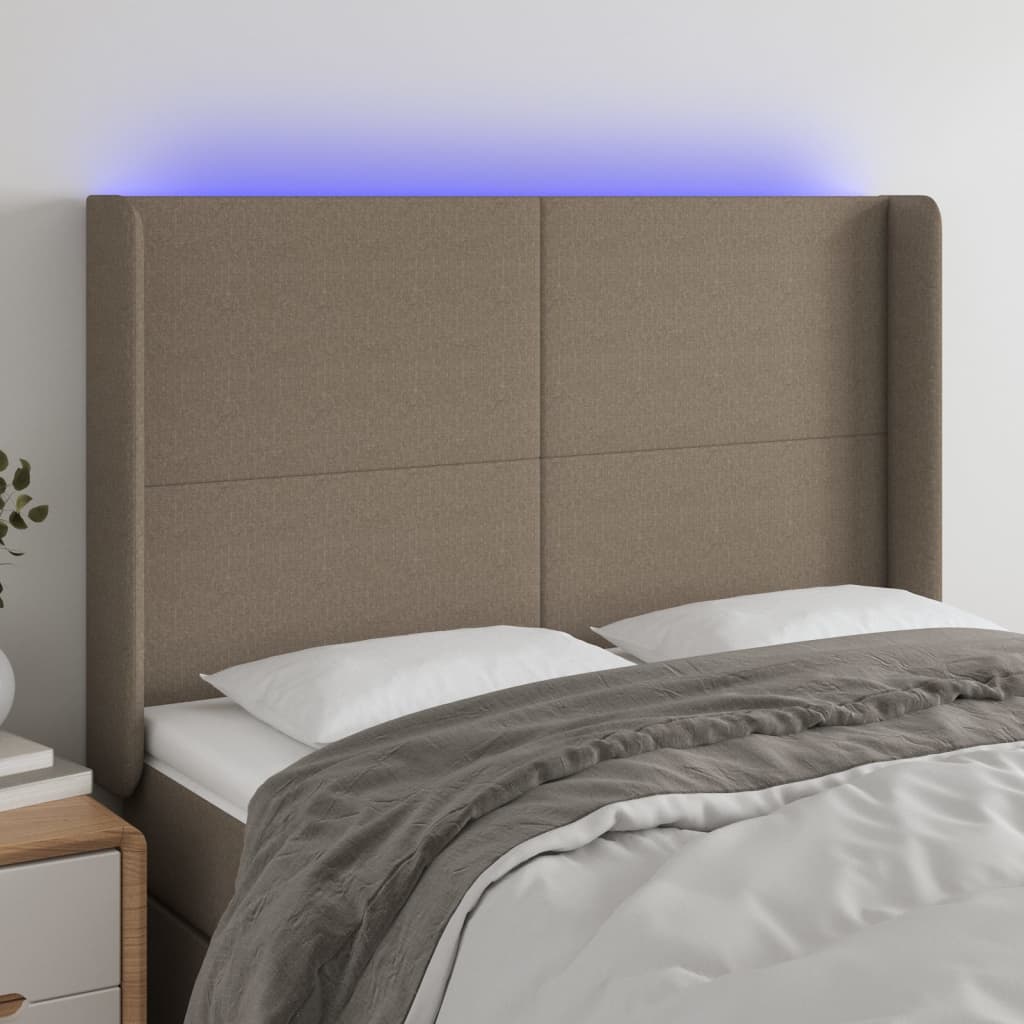 sengegavl med LED-lys 147x16x118/128 cm stof gråbrun