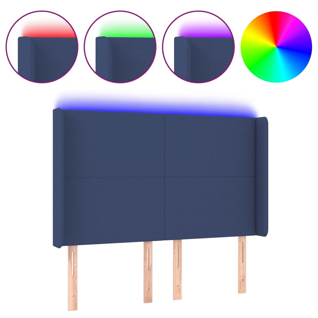 sengegavl med LED-lys 147x16x118/128 cm stof blå