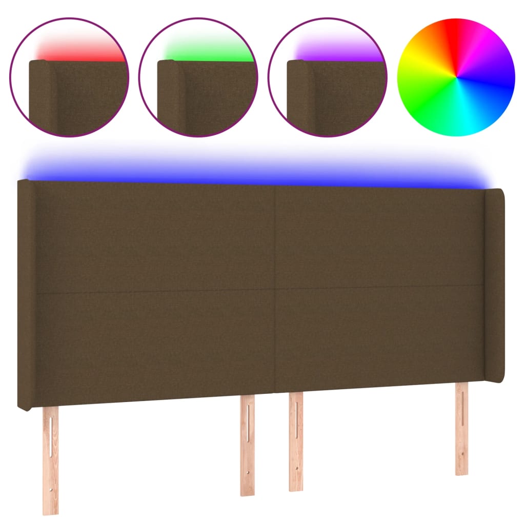 sengegavl med LED-lys 163x16x118/128 cm stof mørkebrun