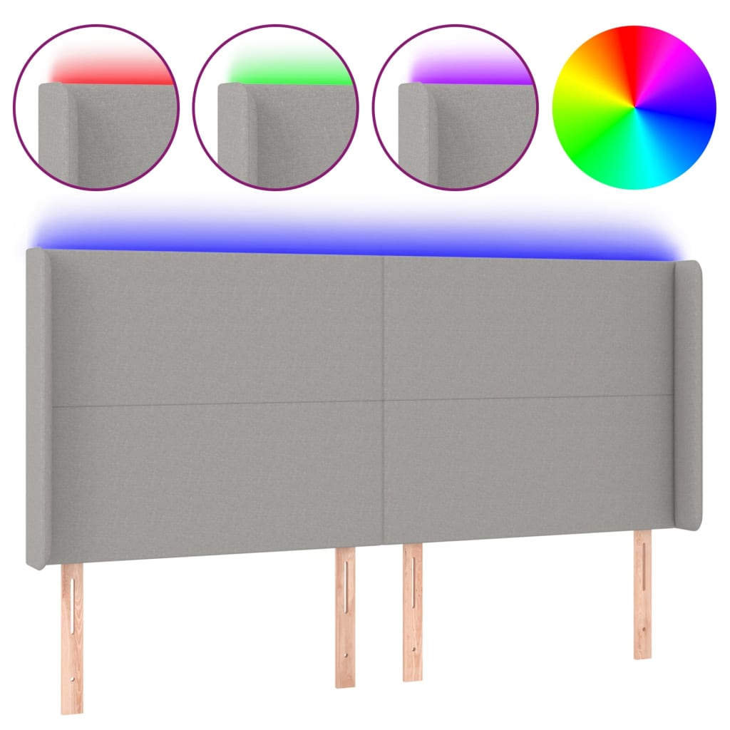 sengegavl med LED-lys 183x16x118/128 cm stof lysegrå
