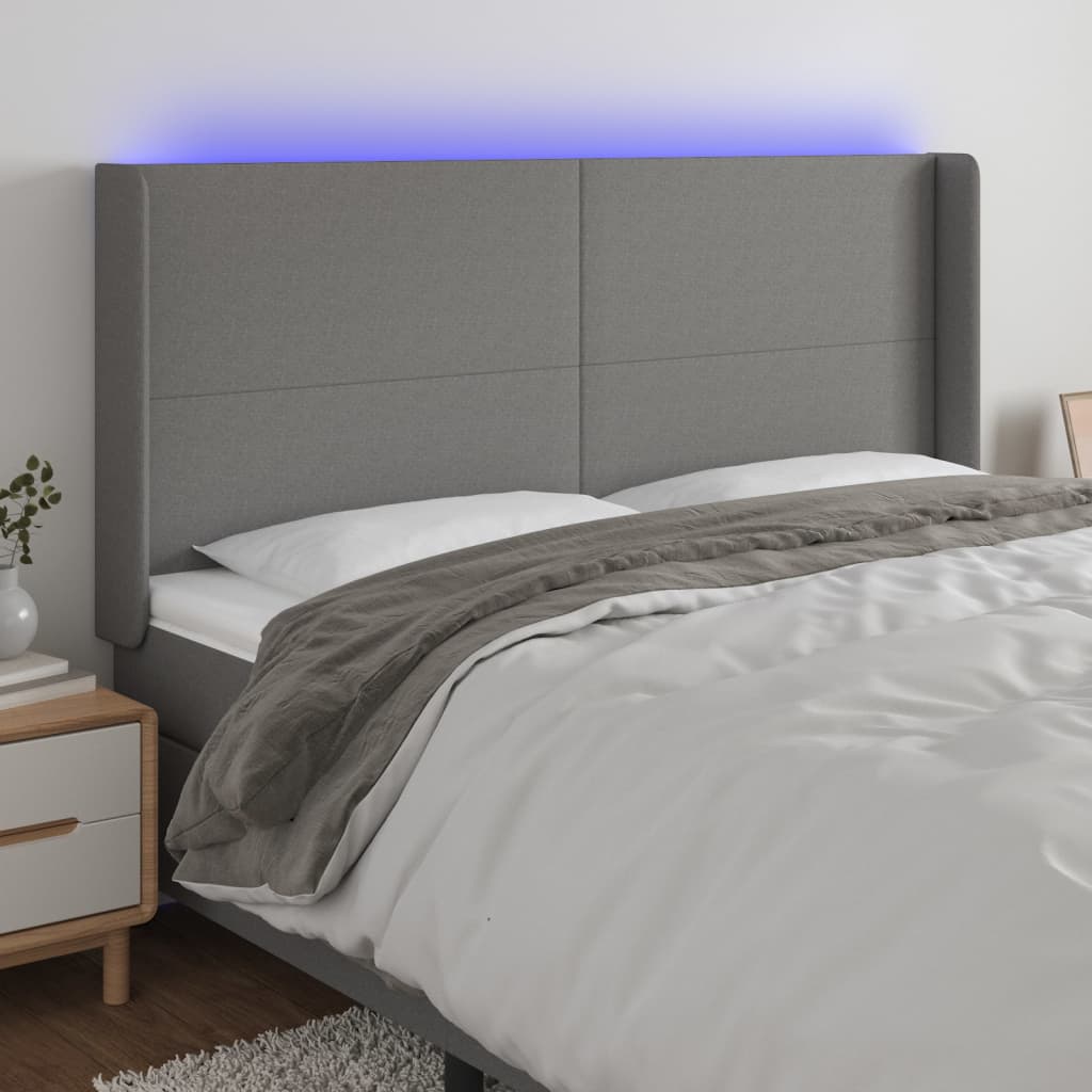 sengegavl med LED-lys 183x16x118/128 cm stof mørkegrå