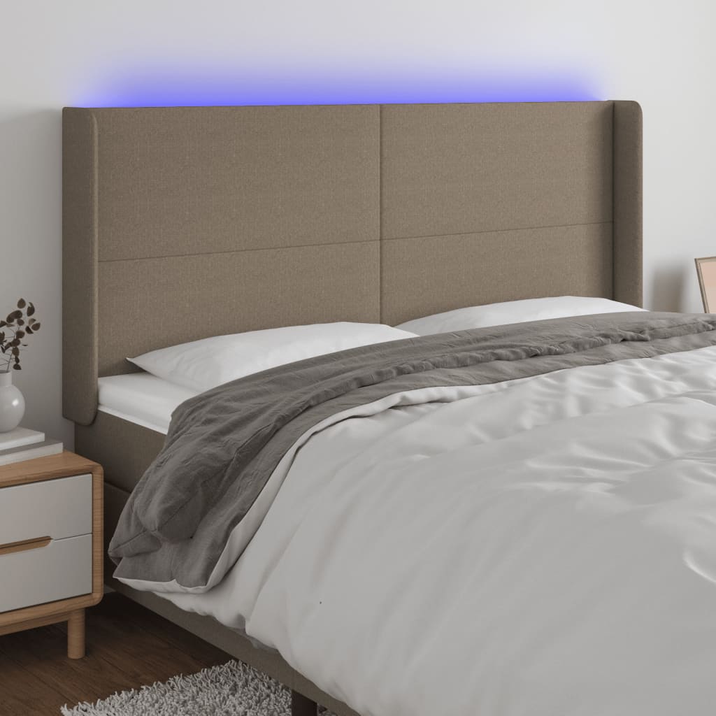 sengegavl med LED-lys 183x16x118/128 cm stof gråbrun